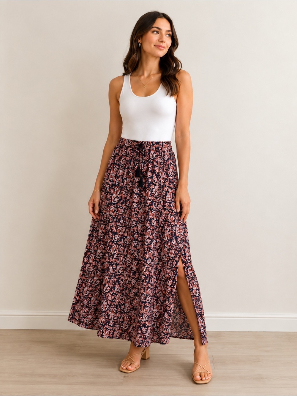 Westport 1962 Paisley Print Maxi Skirt Drawstring Tassel Side Slit Women’s Large